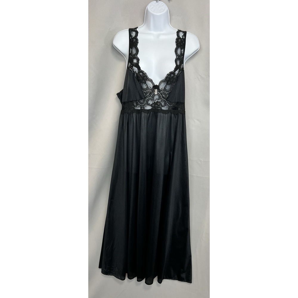 Vintage ADONNA Long SILKY Sweep GOWN Satin LACE Nightgown Black USA ‎ Sz XL Y2K